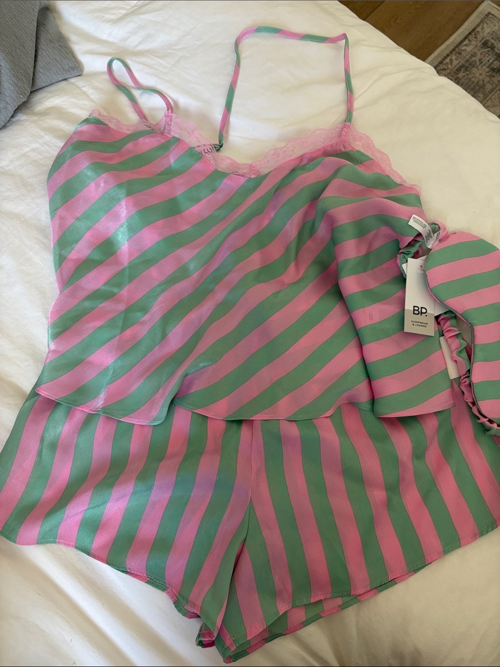 bp Pink & Green Striped Satin Cami and Short Set with Eye Mask